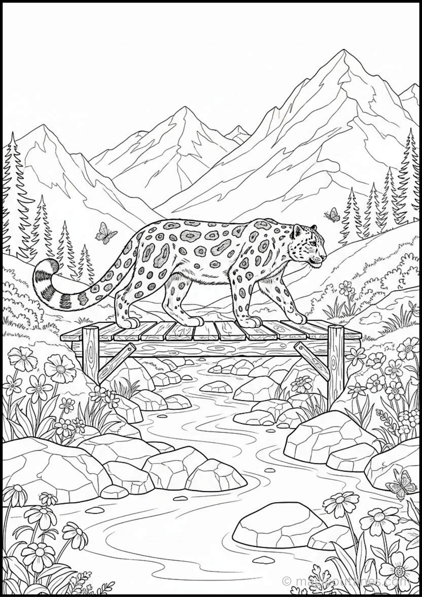 Coloring pages of a leopard featuring a leopard walking across a rustic wooden bridge over a mountain stream.