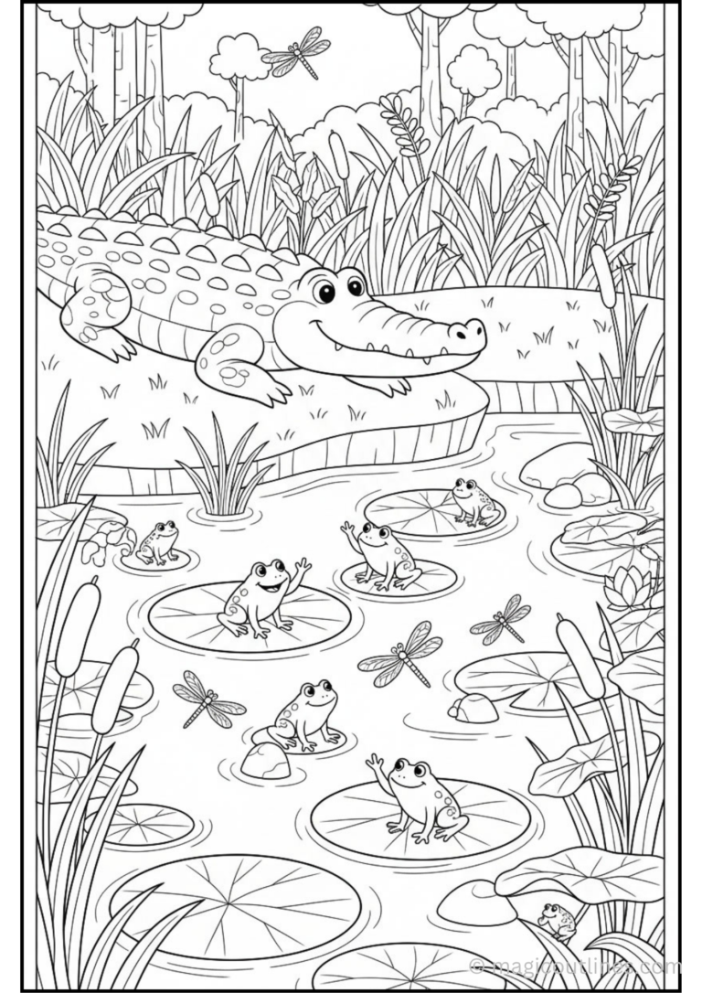 Crocodile swamp adventure coloring page with frogs on lily pads and dragonflies.