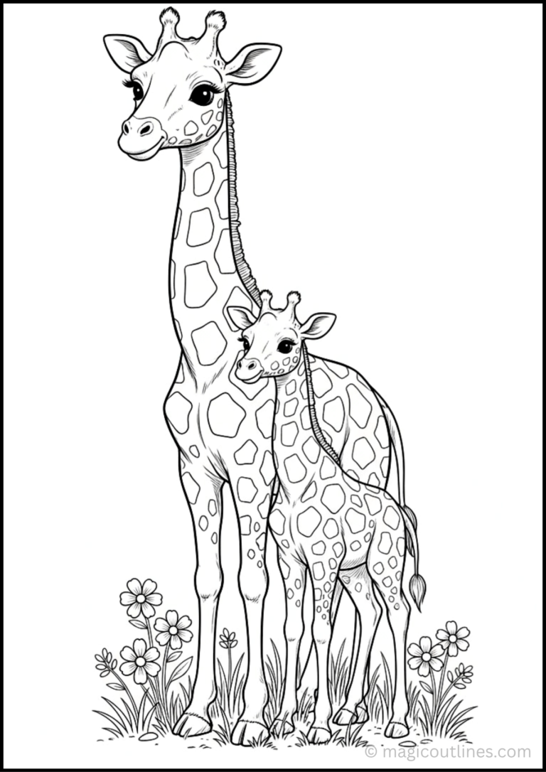 Cute giraffe coloring pages featuring a baby giraffe standing beside its mother in a printable coloring sheet.