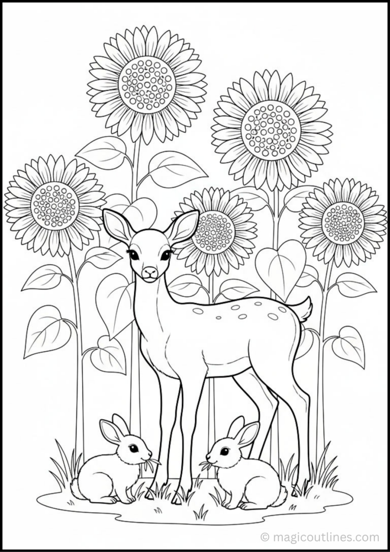Cute deer coloring page with sunflowers and rabbits for kids.