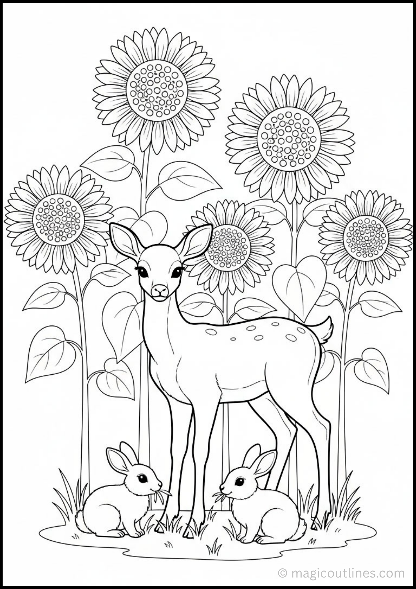 Cute deer coloring page with sunflowers and rabbits for kids.