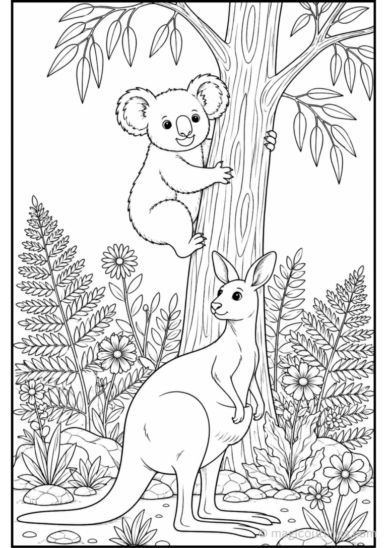 Free printable koala and kangaroo coloring page featuring two adorable Australian animals.