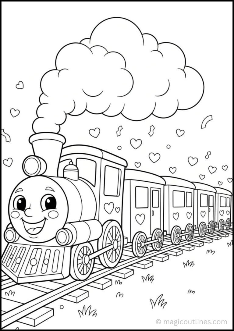 Cute train coloring page for kids with smiling cartoon train and hearts