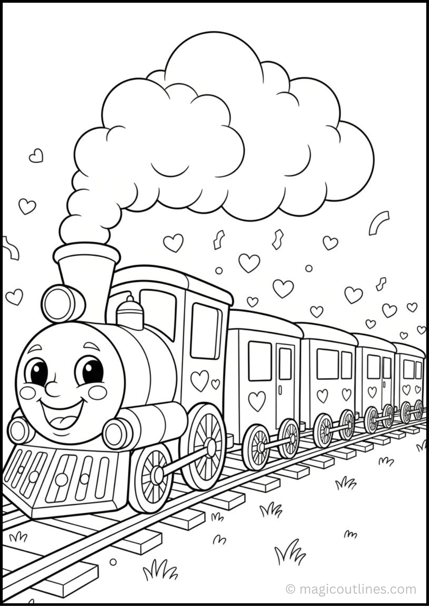 Cute train coloring page for kids with smiling cartoon train and hearts