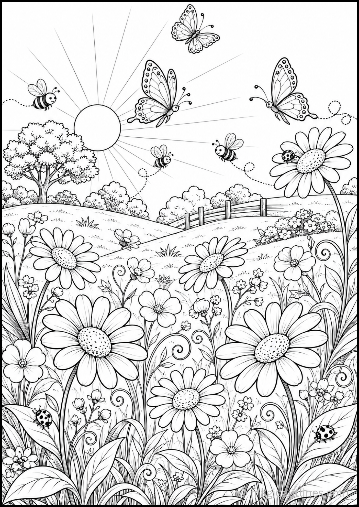 Daisy meadow scene coloring page with butterflies, bees, flowers, sunshine, and nature background.
