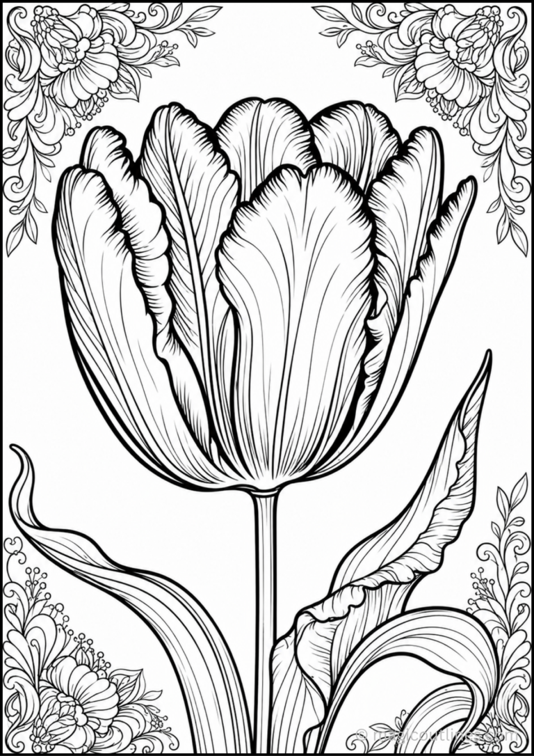 Detailed close-up tulip flower with ornate floral frame and elegant botanical details coloring page.
