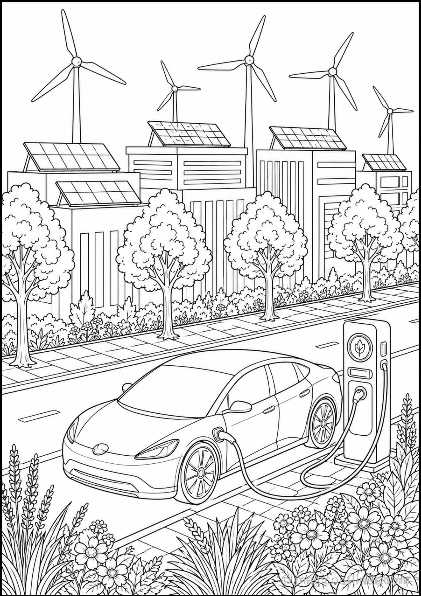 Electric car charging station coloring page with solar panels and wind turbines.