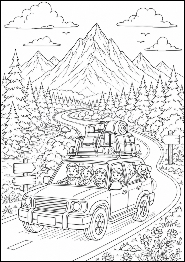 Family Car Road Trip Coloring Pages showing a family SUV driving through mountains with luggage and scenic nature background