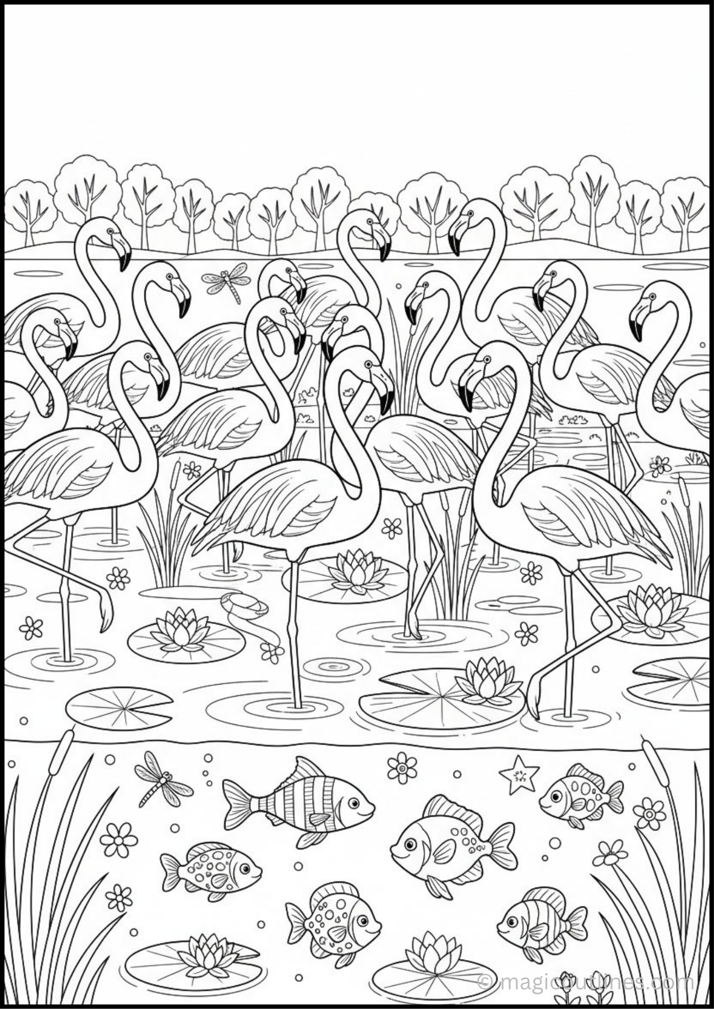 Free printable Flamingo Lake Scene Coloring Page featuring beautiful flamingos and fish in a peaceful lake.