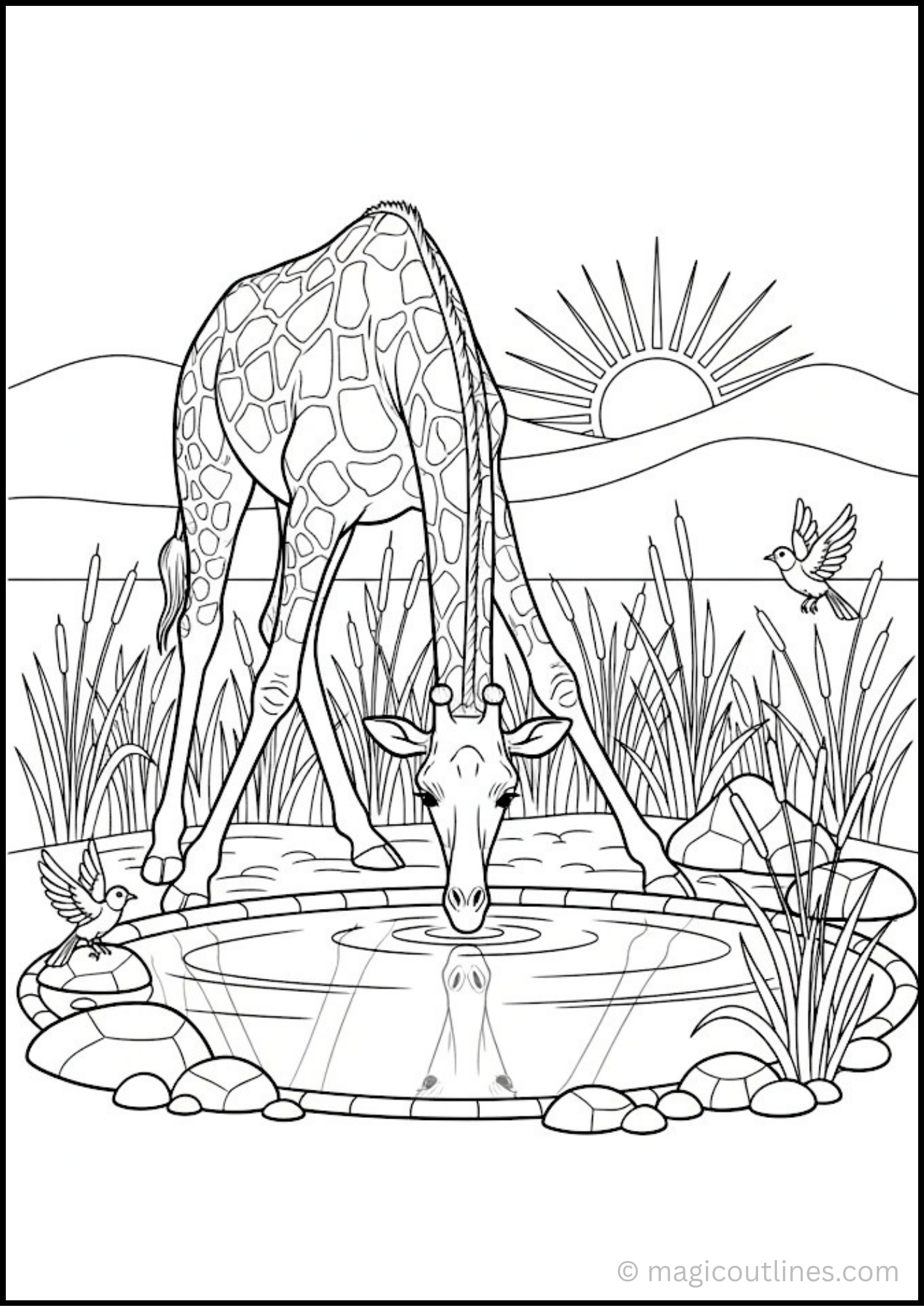 Free giraffe coloring pages showing a giraffe drinking water from a pond surrounded by birds and nature.