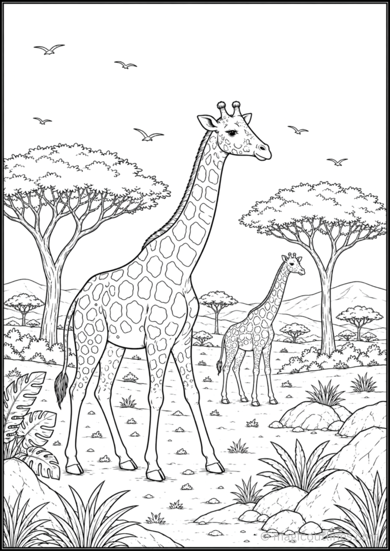 Coloring pages of giraffes featuring two giraffes walking through an African safari landscape.