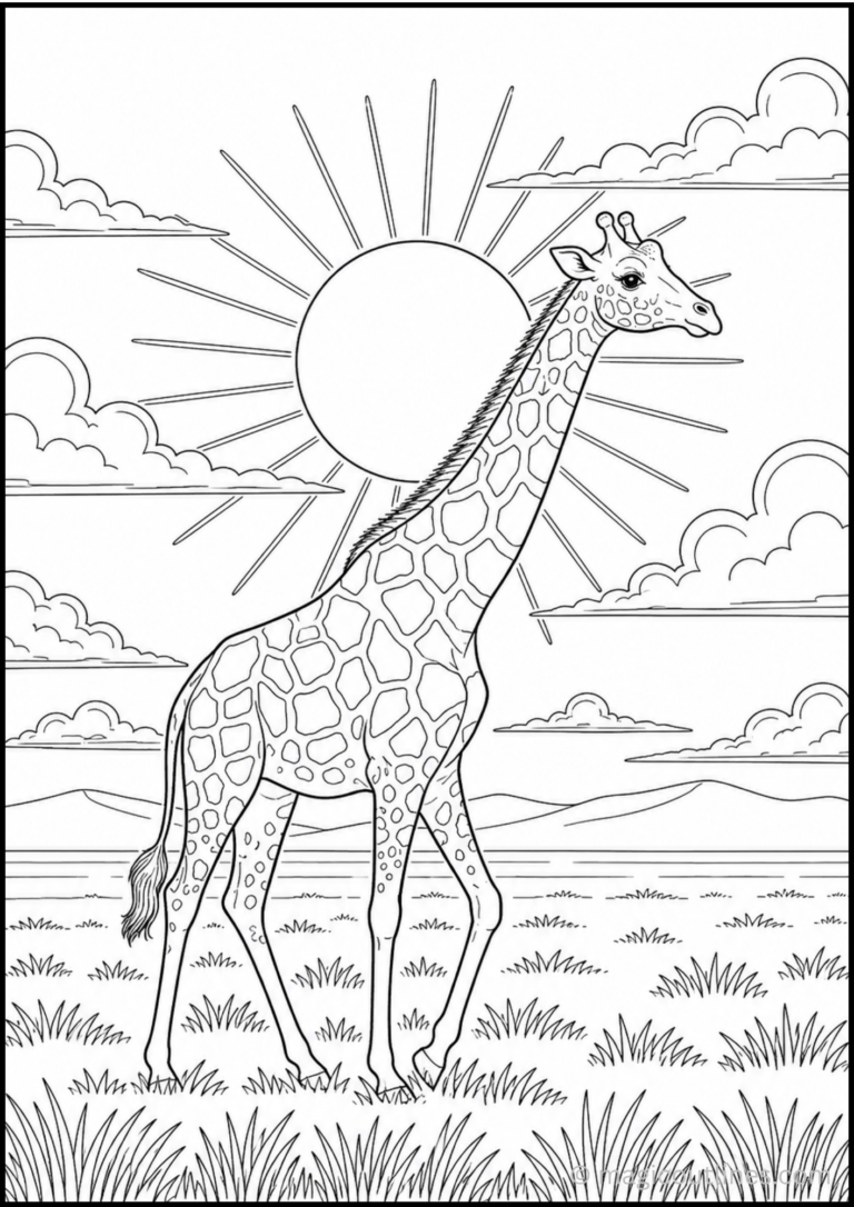 Giraffe color page showing a giraffe walking across grasslands during a sunset.