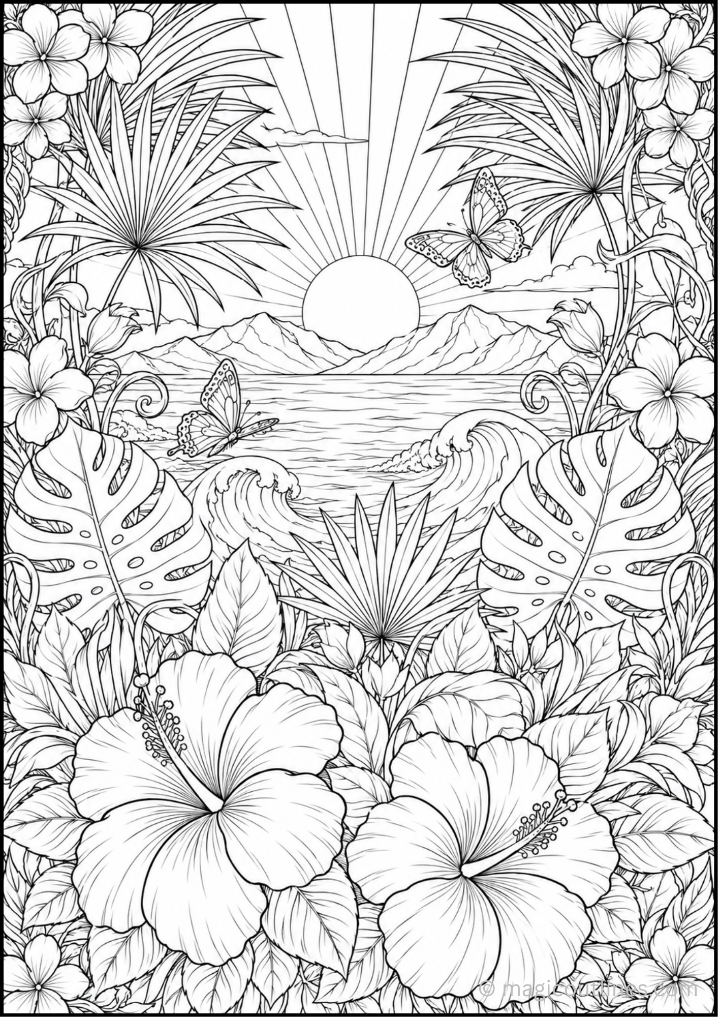 Detailed hibiscus tropical flowers coloring page with ocean sunset and tropical leaves