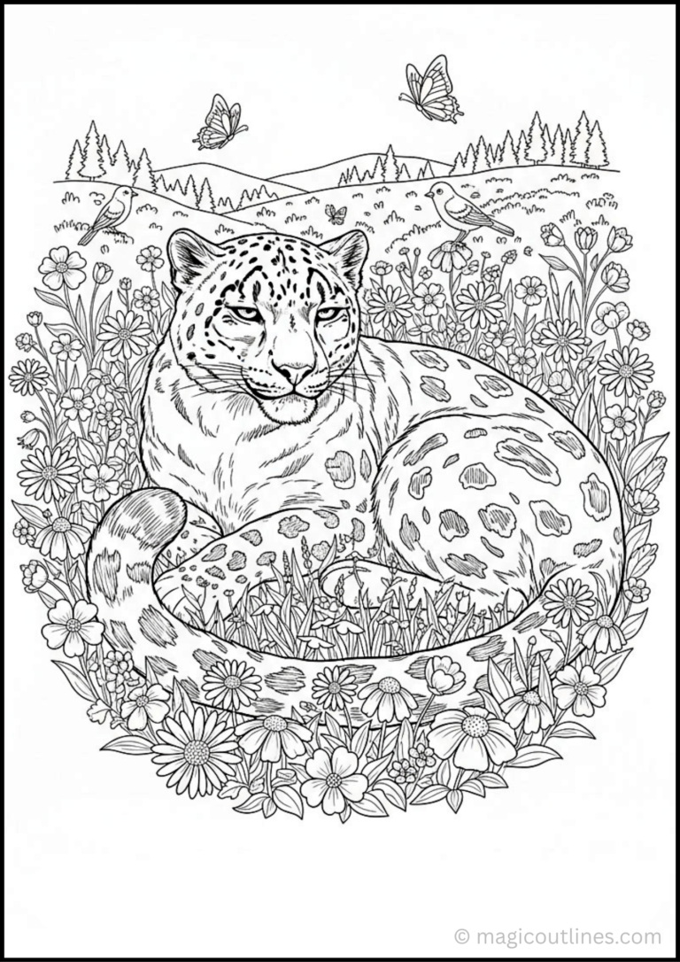 7 beautiful snow leopard coloring pages featuring mountain lakes, wooden bridges, wildflower meadows, observation towers, caves, forests, and village scenes.