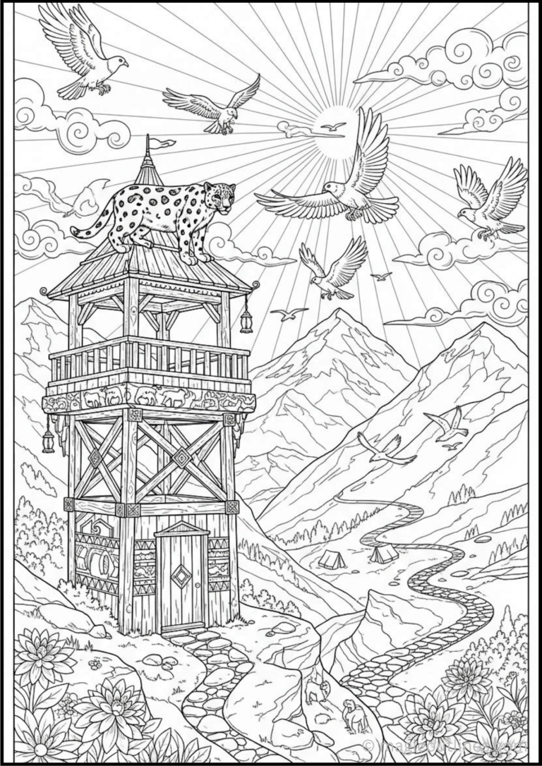 Leopard coloring pages featuring a leopard standing on a tall observation tower with birds flying overhead.