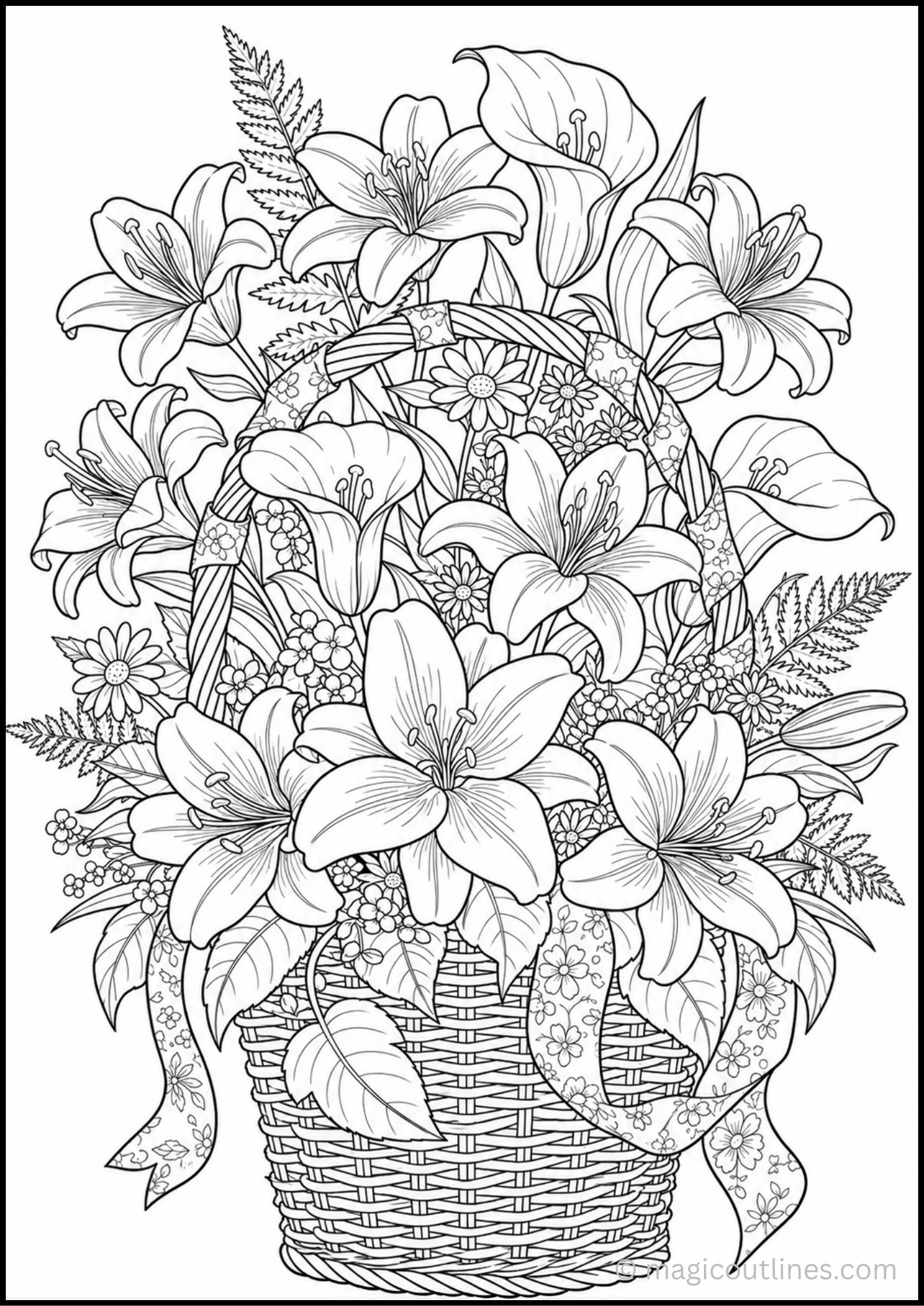 Basket filled with blooming lilies, calla lilies, daisies, ribbons, and garden foliage.