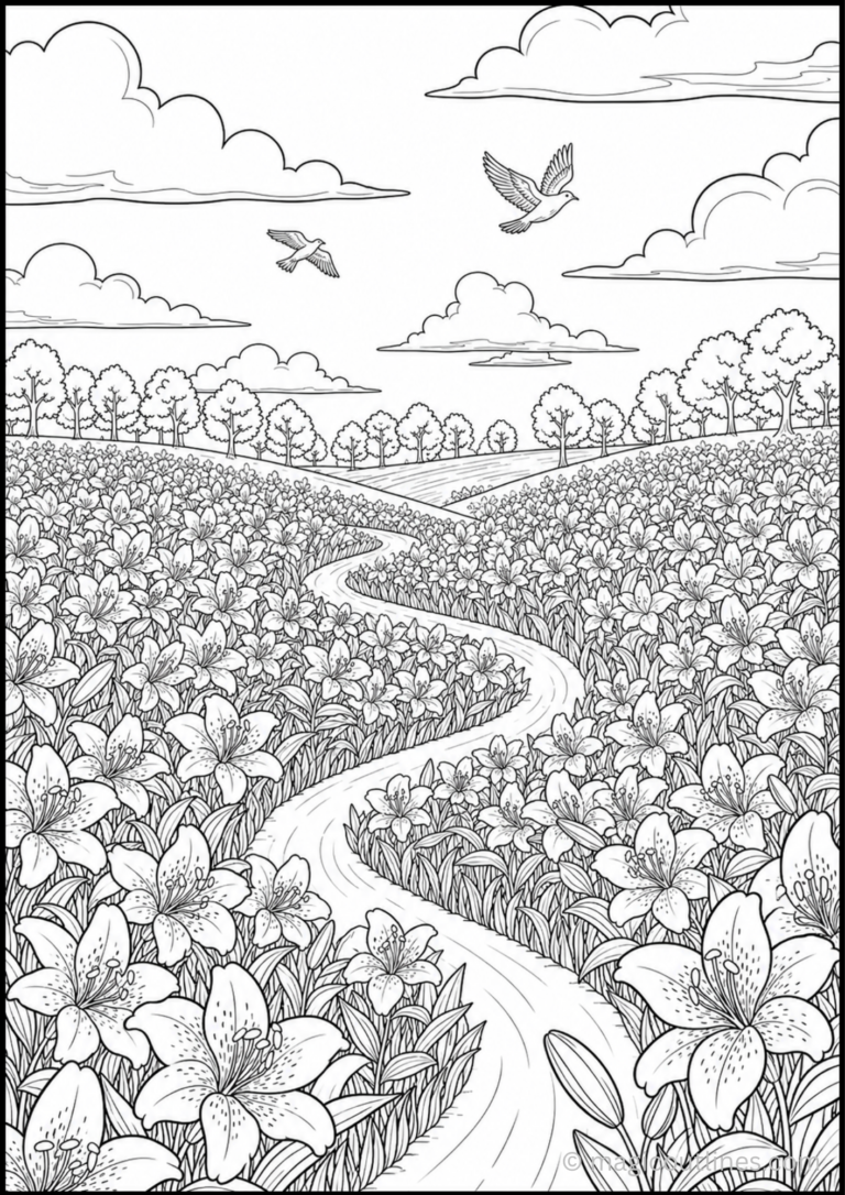 Scenic lily flower field with winding path, birds, trees, clouds, and countryside landscape.