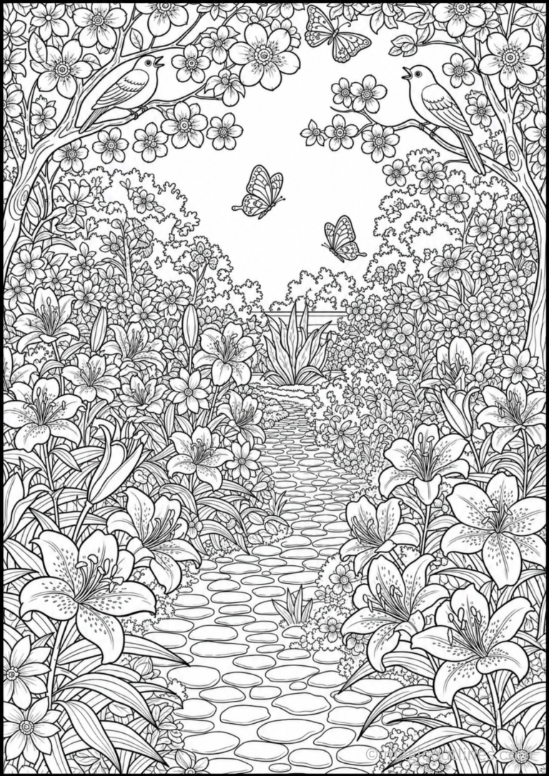Enchanting lily garden with flowers, butterflies, birds, flowering trees, and stone pathway.