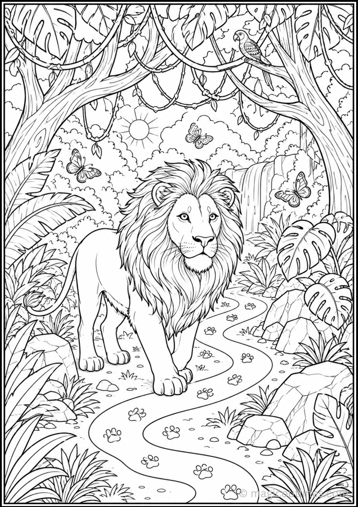Explore exciting Lion Jungle Adventure Coloring Pages featuring a majestic lion walking through a tropical jungle path surrounded by butterflies, trees, vines, and nature scenery. This free printable PDF is perfect for kids who love wild animals and jungle adventures.