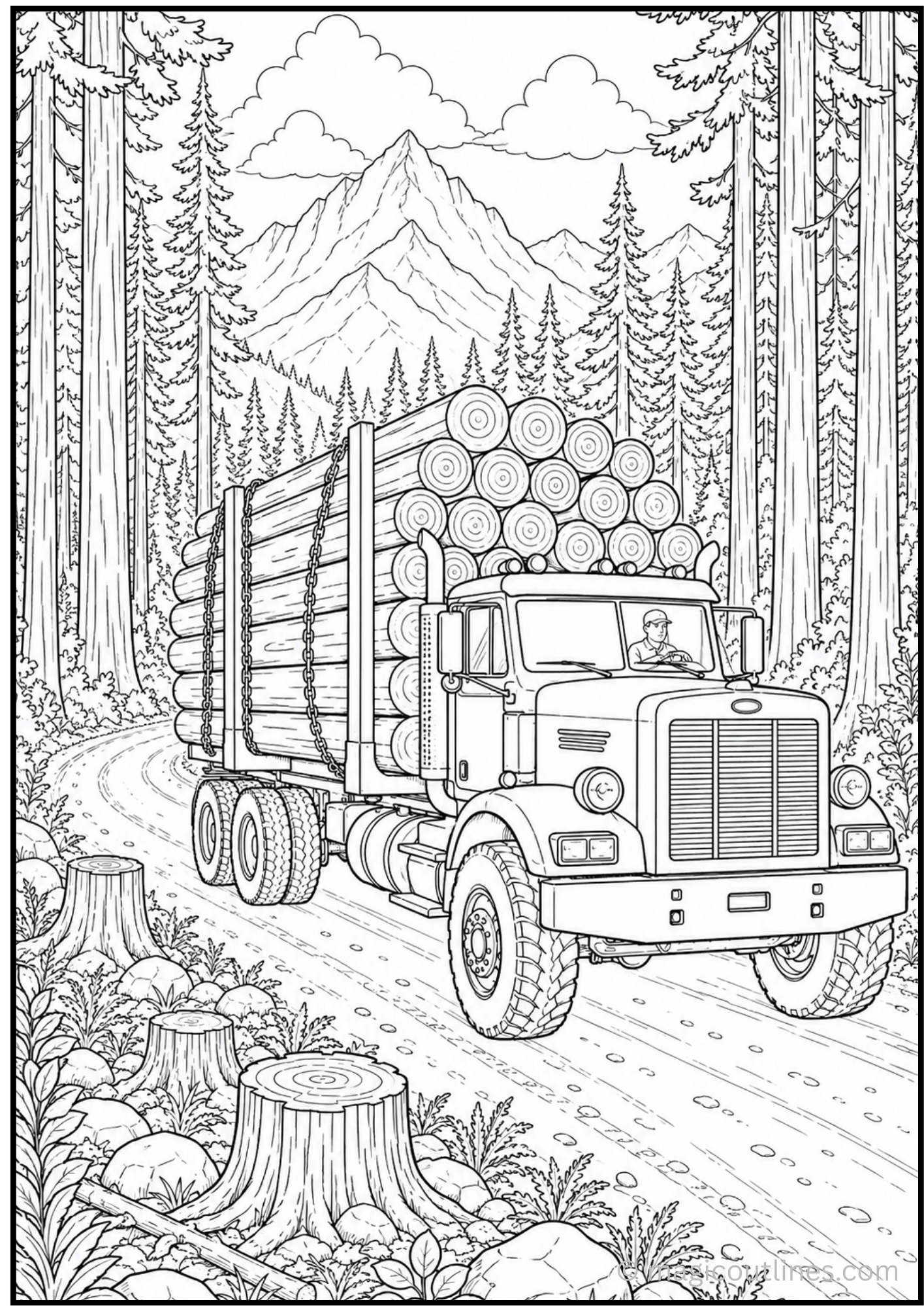 Explore exciting Logging Truck Coloring Pages featuring giant timber trucks carrying wood through scenic forest roads. This free printable PDF is perfect for kids who love trucks, construction vehicles, forests, and outdoor adventure coloring activities.