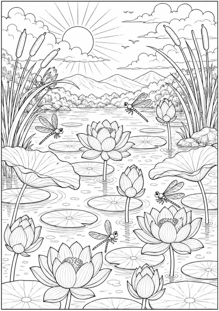 Lotus pond serenity coloring page with lotus flowers, dragonflies, lily pads, mountains, and peaceful lake scenery.