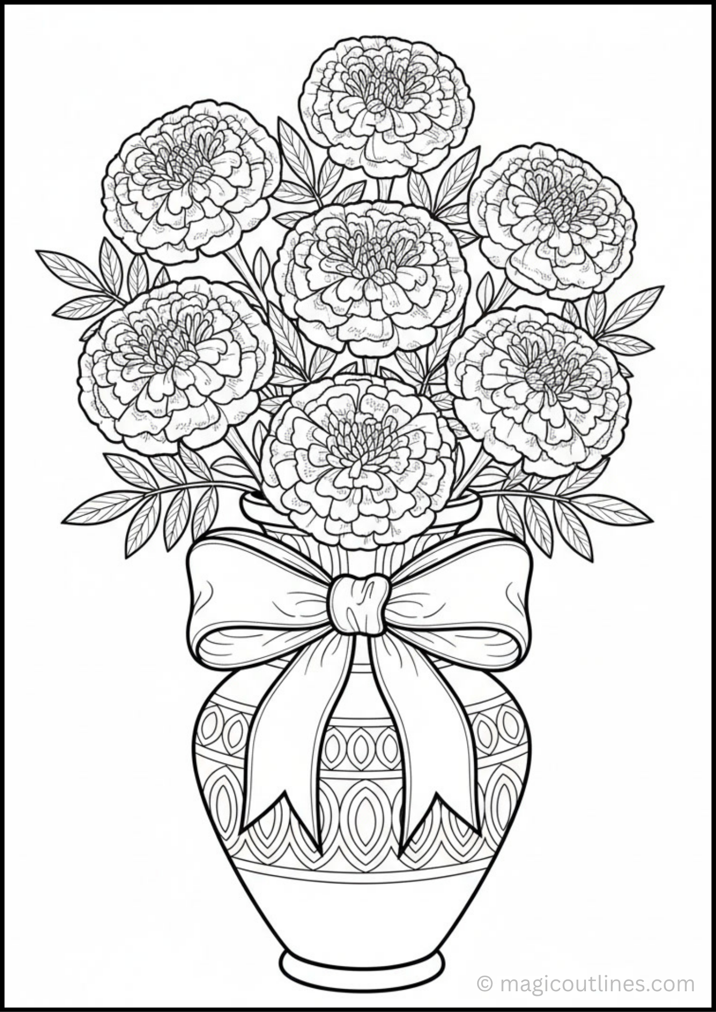 Marigold bouquet coloring page in a decorative vase with ribbon bow