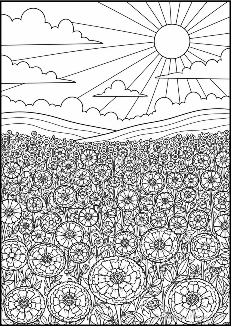 Large marigold flower field coloring page under a sunny sky