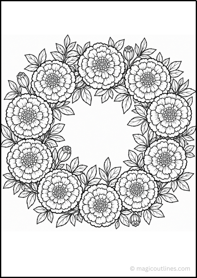 Circular marigold flower wreath coloring page with leaves and blossoms