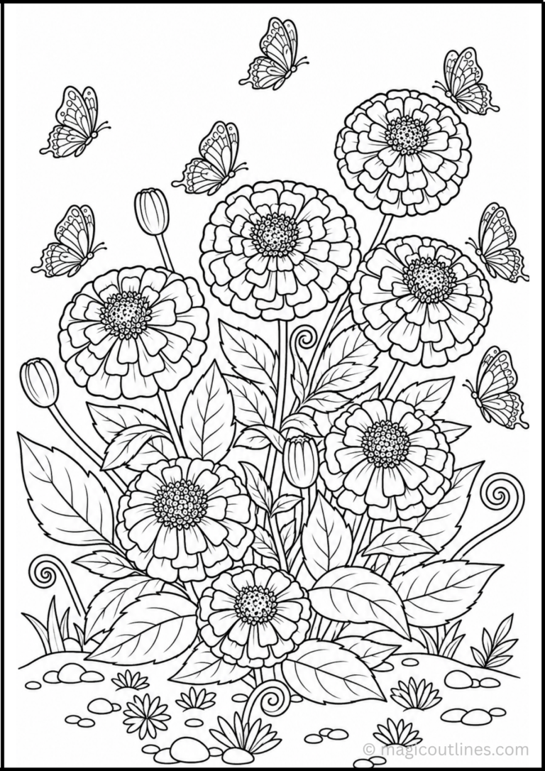 Free printable marigold coloring page PDF featuring detailed marigold flowers for kids and adults