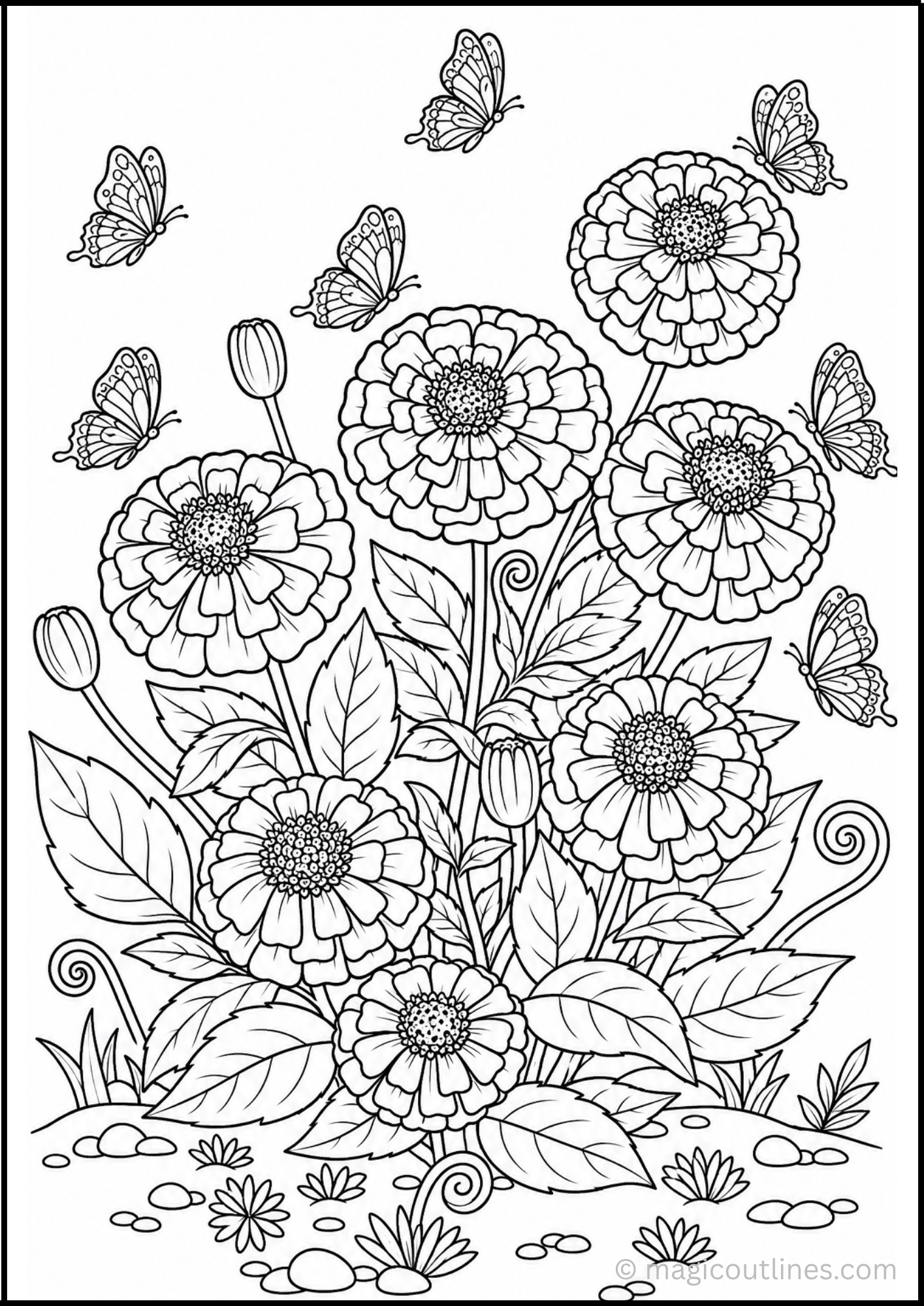 Free printable marigold coloring page PDF featuring detailed marigold flowers for kids and adults