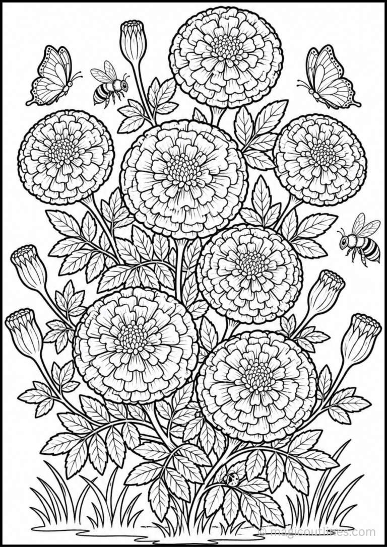 Marigold garden coloring page with butterflies, bees, buds, and blooming flowers