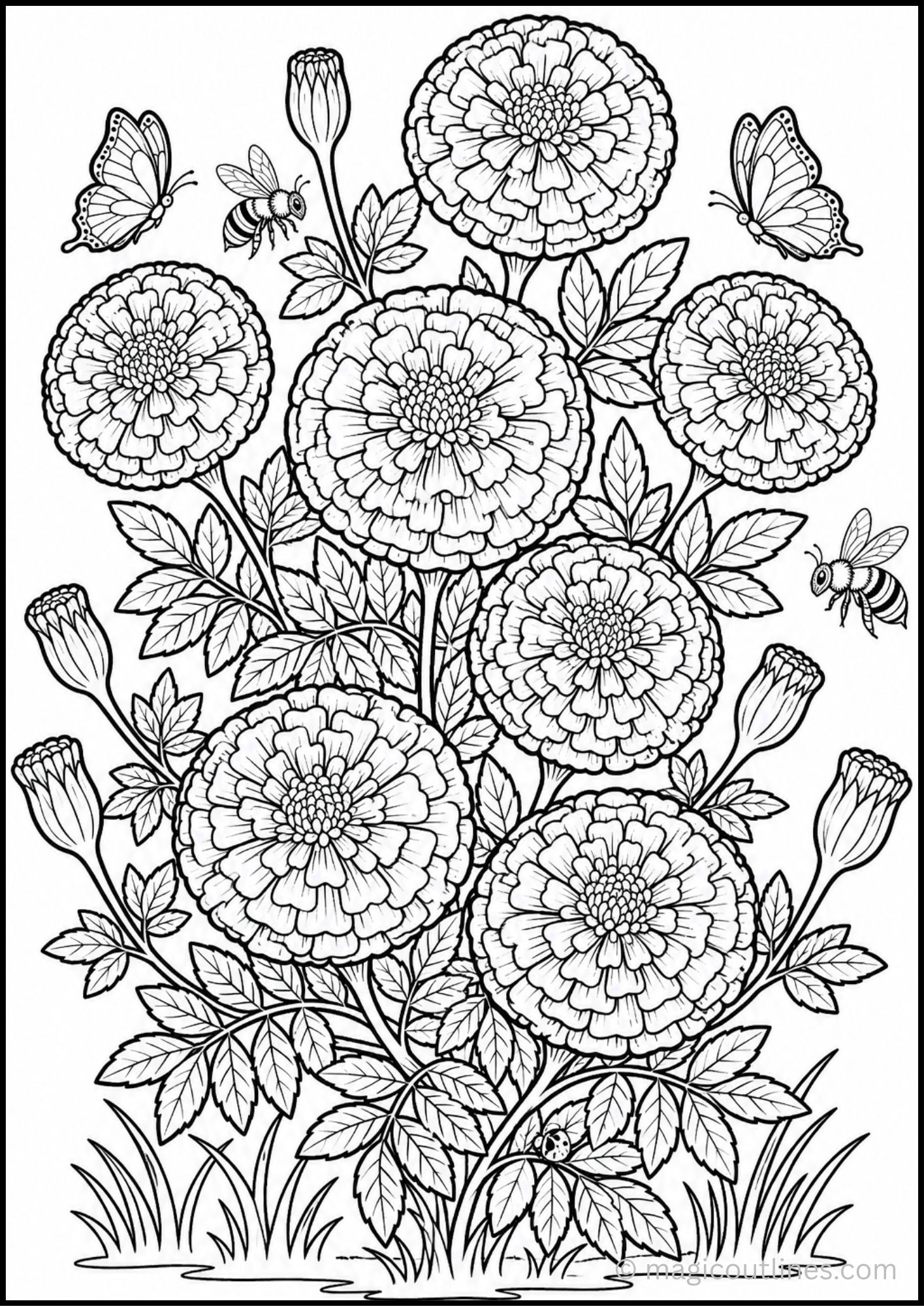 Marigold garden coloring page with butterflies, bees, buds, and blooming flowers