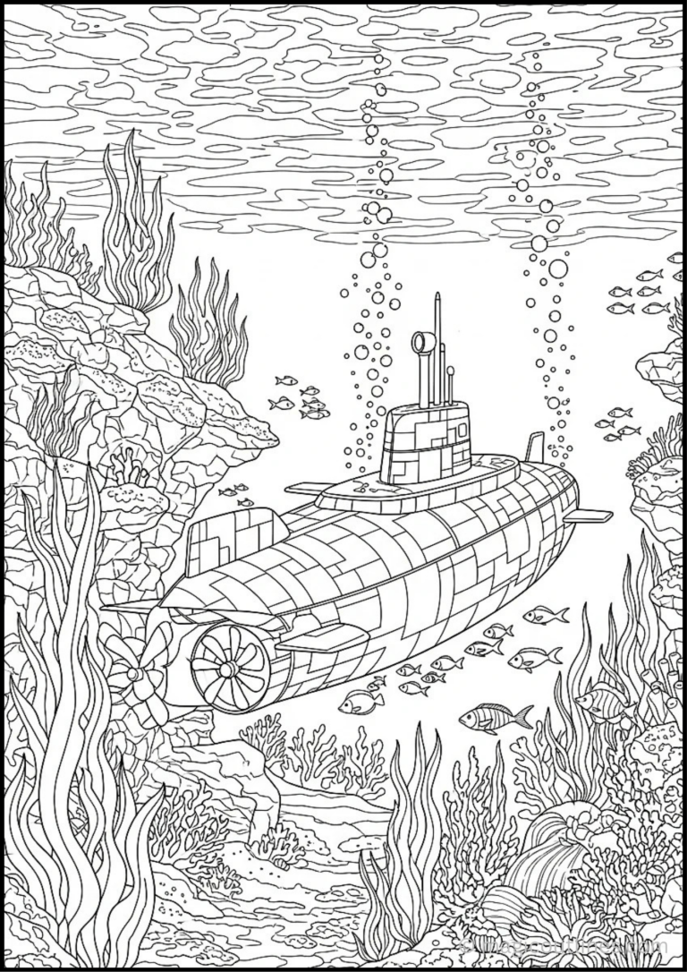 Navy submarine coloring pages featuring a military submarine cruising through the ocean.