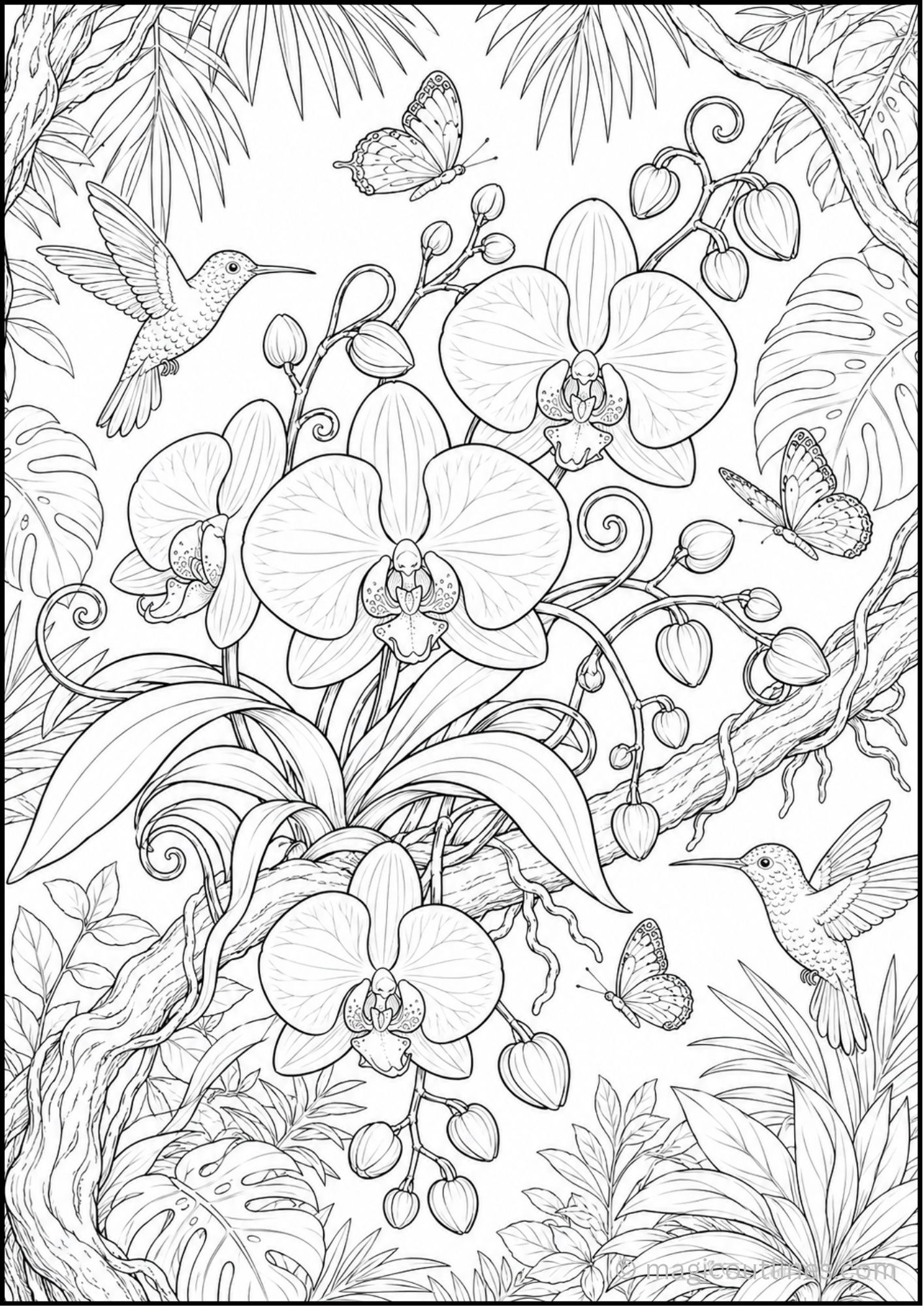 Orchid floral arrangement coloring page with butterflies and hummingbirds