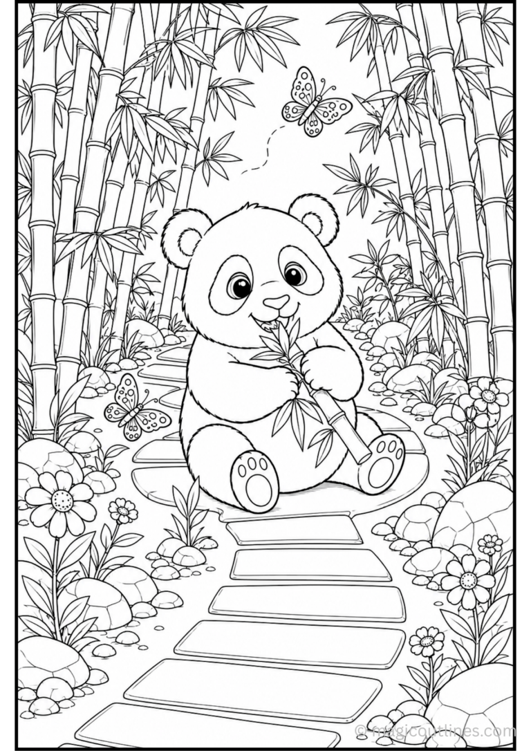 Free printable cute panda eating bamboo coloring page featuring a happy panda in a bamboo garden.