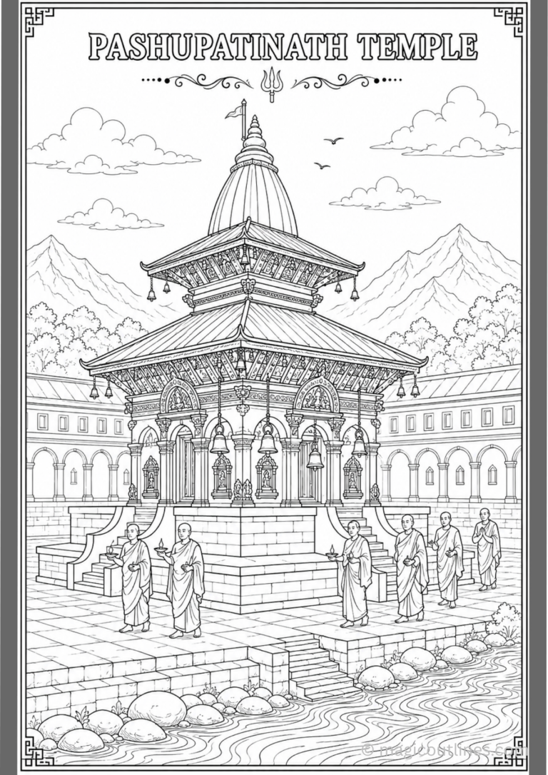 Detailed Pashupatinath Temple coloring page with Nepalese temple architecture and riverside scene