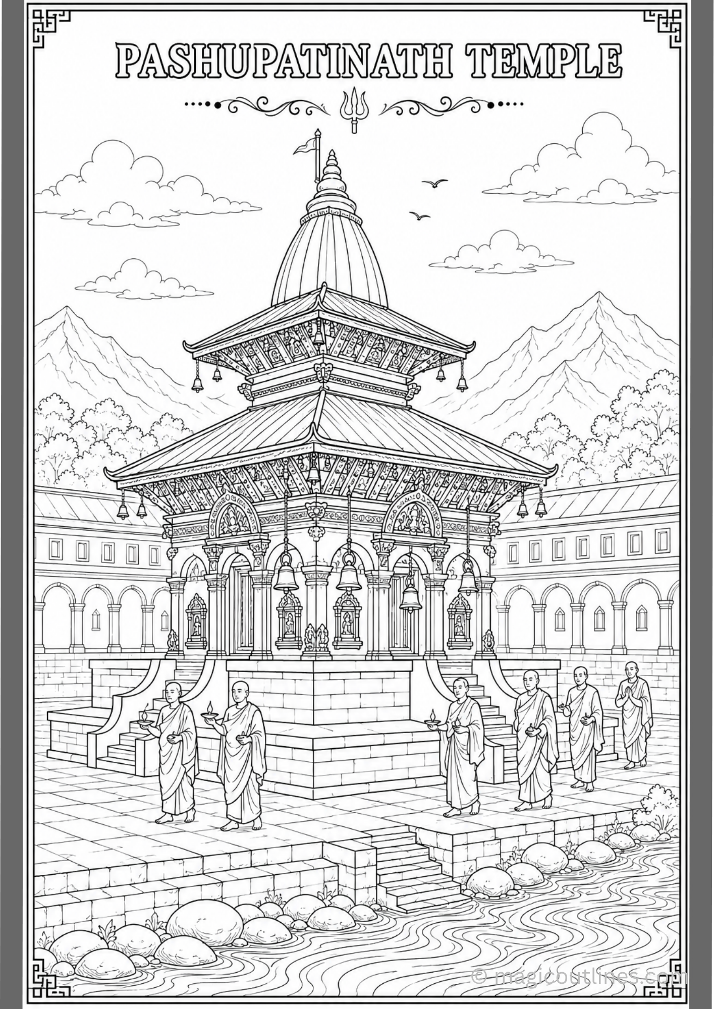 Detailed Pashupatinath Temple coloring page with Nepalese temple architecture and riverside scene