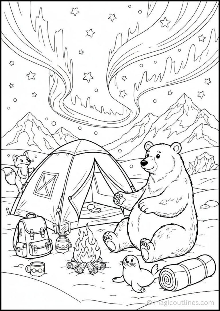Download this free Polar Bear Arctic Camping Coloring Page PDF featuring a cute polar bear beside a tent, campfire, lantern, and snowy Arctic scenery.