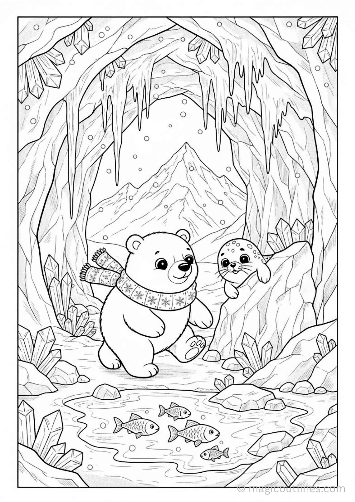 Free printable Polar Bear Exploring Ice Cave Coloring Page featuring a magical Arctic cave adventure.