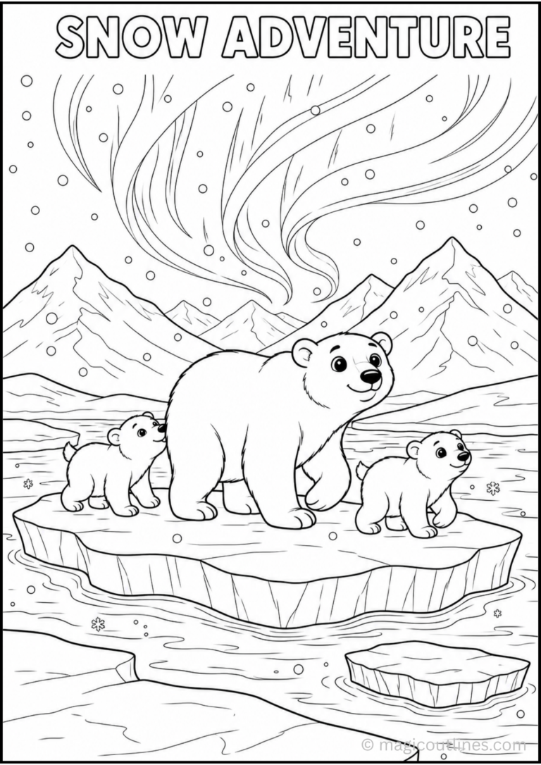 Polar bear mother and cubs on an ice floe Arctic coloring page