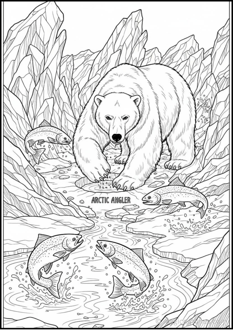 This printable polar bear coloring page shows a caring mother polar bear and her cubs standing on a floating ice floe. The scene introduces children to Arctic habitats, wildlife families, and icy landscapes through a fun coloring activity.