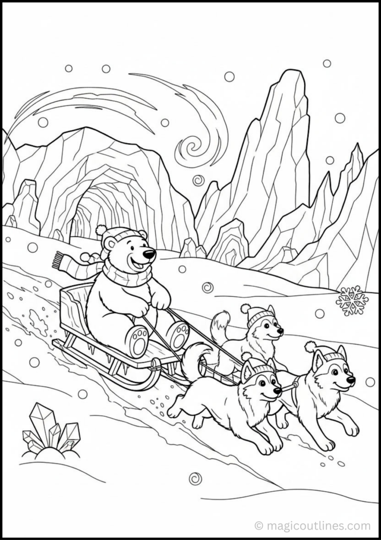 Polar bear riding a sled through the snowy Arctic coloring page