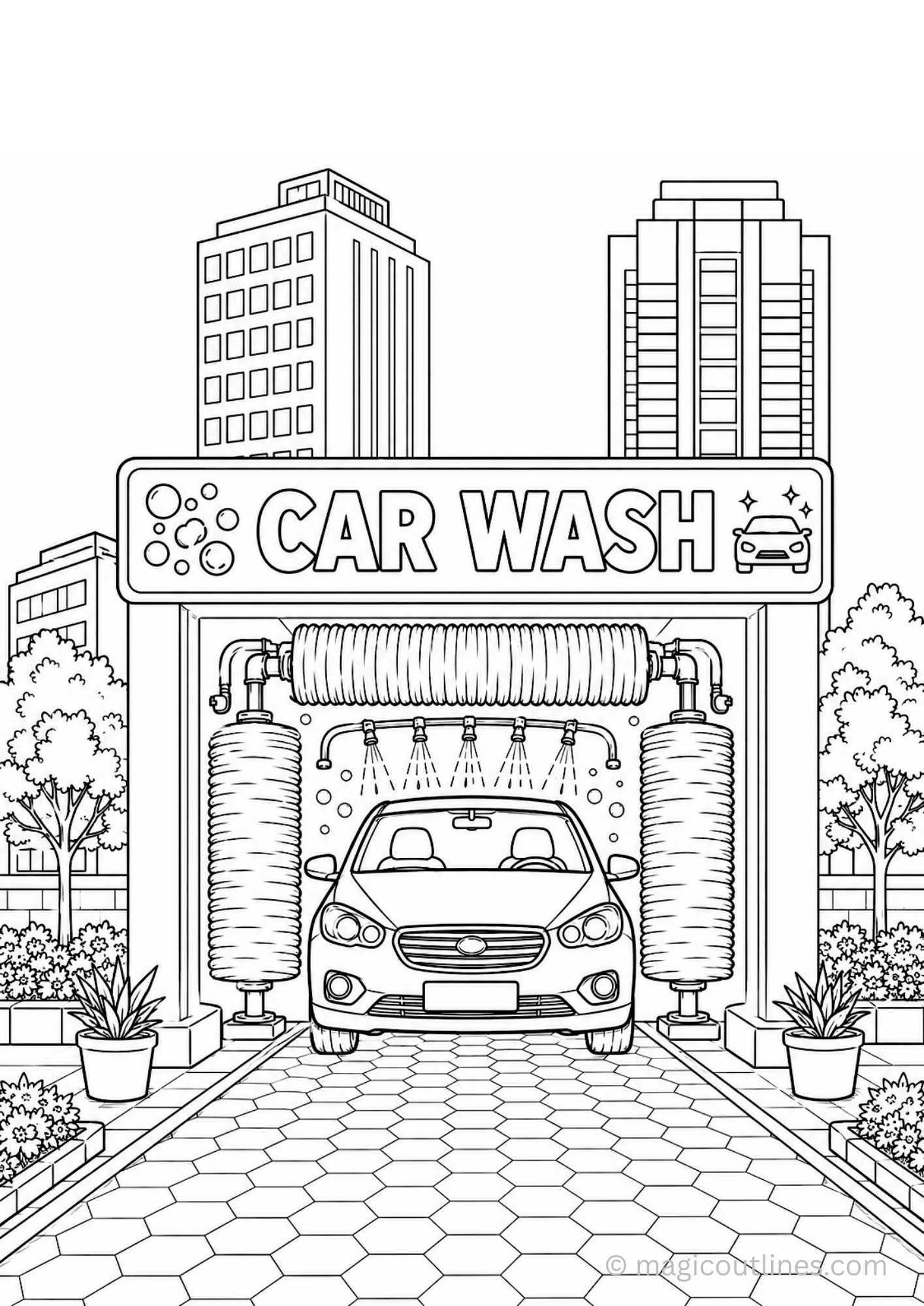 Printable car wash coloring page featuring an automatic car wash station with buildings and plants.