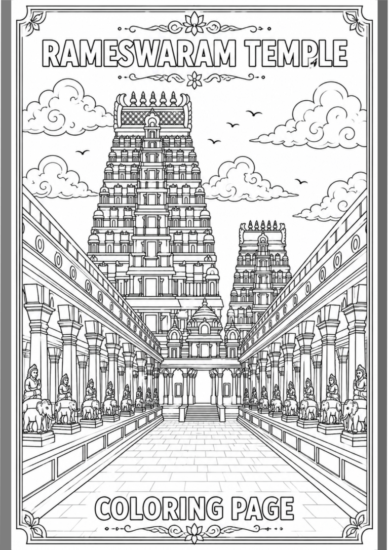 Detailed Rameswaram Temple coloring page with temple corridor and South Indian architecture line art