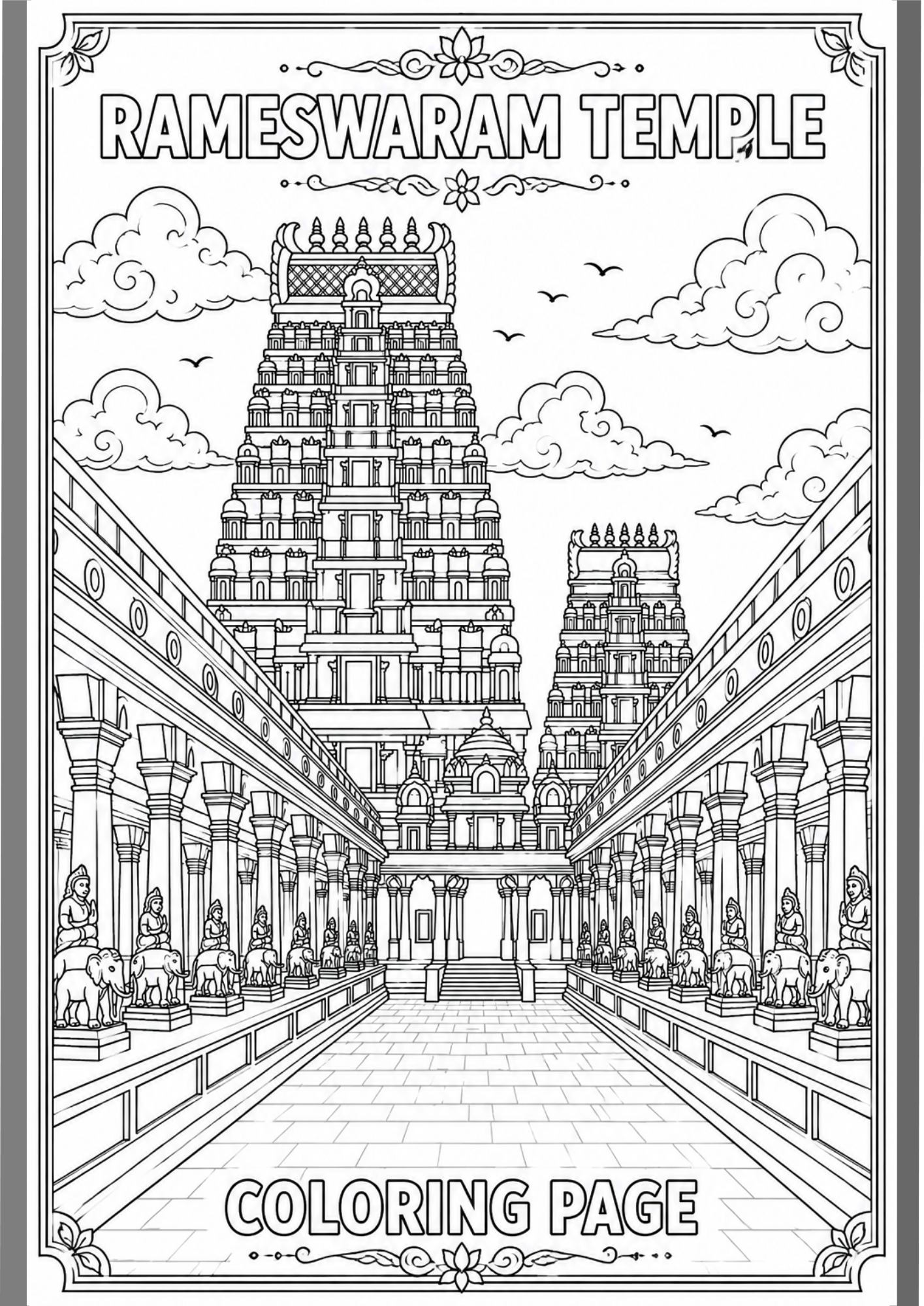 Detailed Rameswaram Temple coloring page with temple corridor and South Indian architecture line art