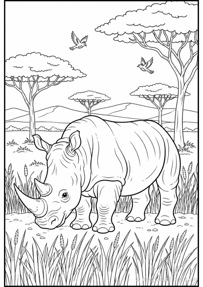 Realistic rhinoceros standing in the African savanna coloring page for kids.