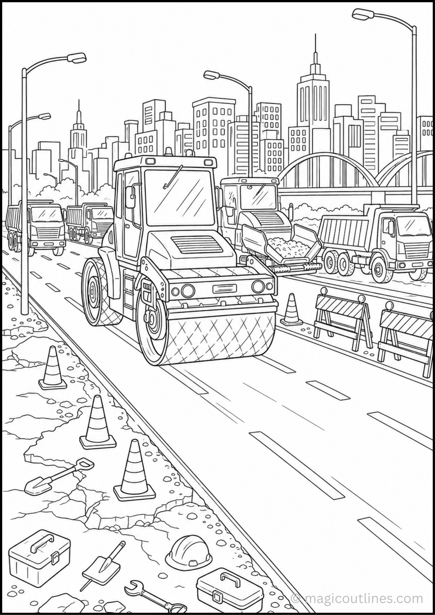 Road roller construction vehicle coloring page with trucks and city road work scene