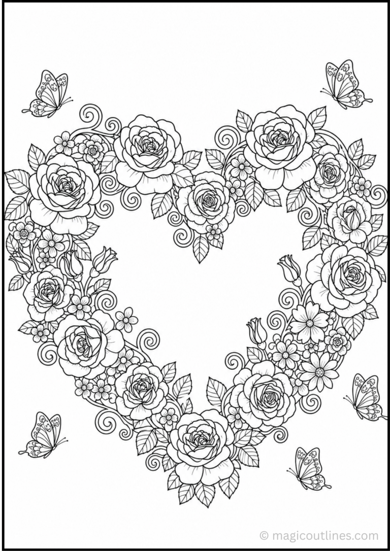 Rose coloring page featuring a heart-shaped wreath made from roses and flowers.