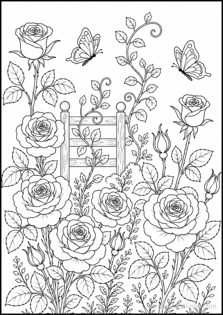 Rose coloring pages featuring blooming roses around a decorative garden trellis with butterflies.