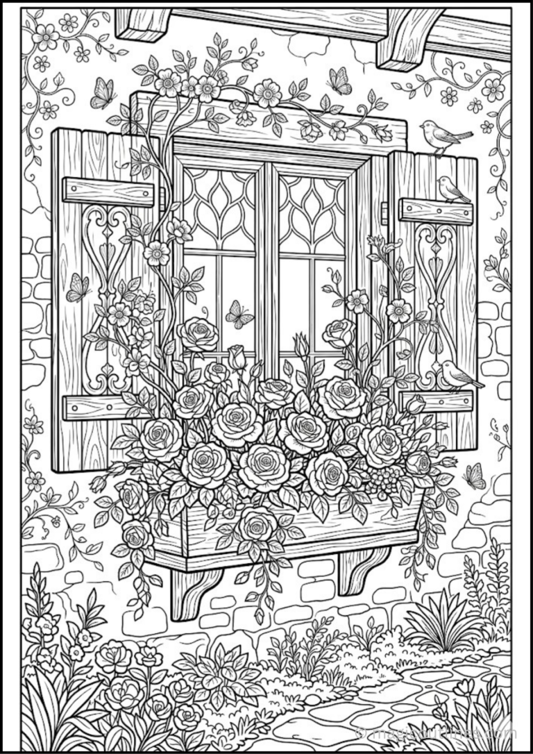 Rose coloring pages showing a cottage window box overflowing with blooming roses and flowers.